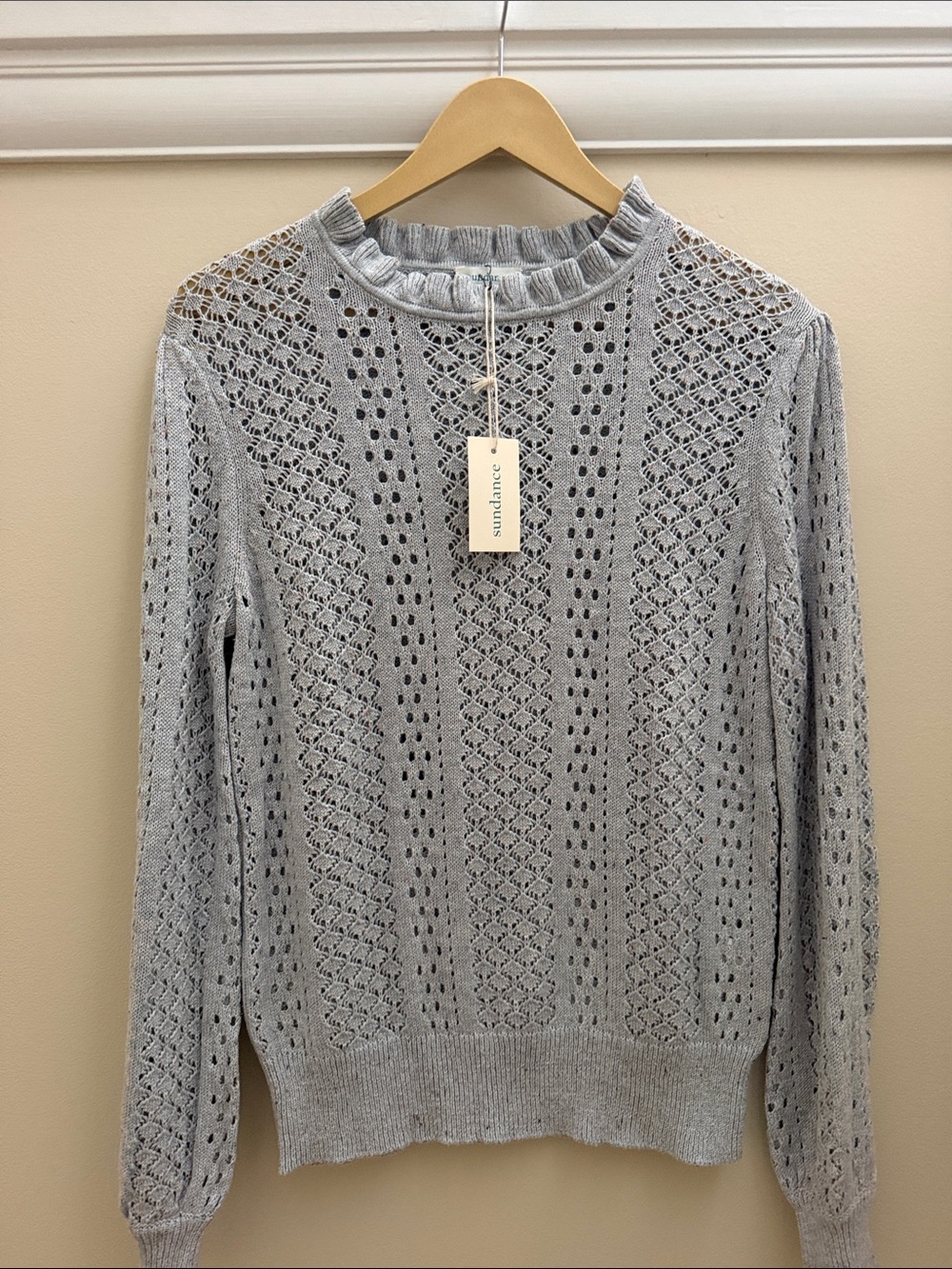 Sundance Light Gray Openwork Ruffle-Neck Sweater